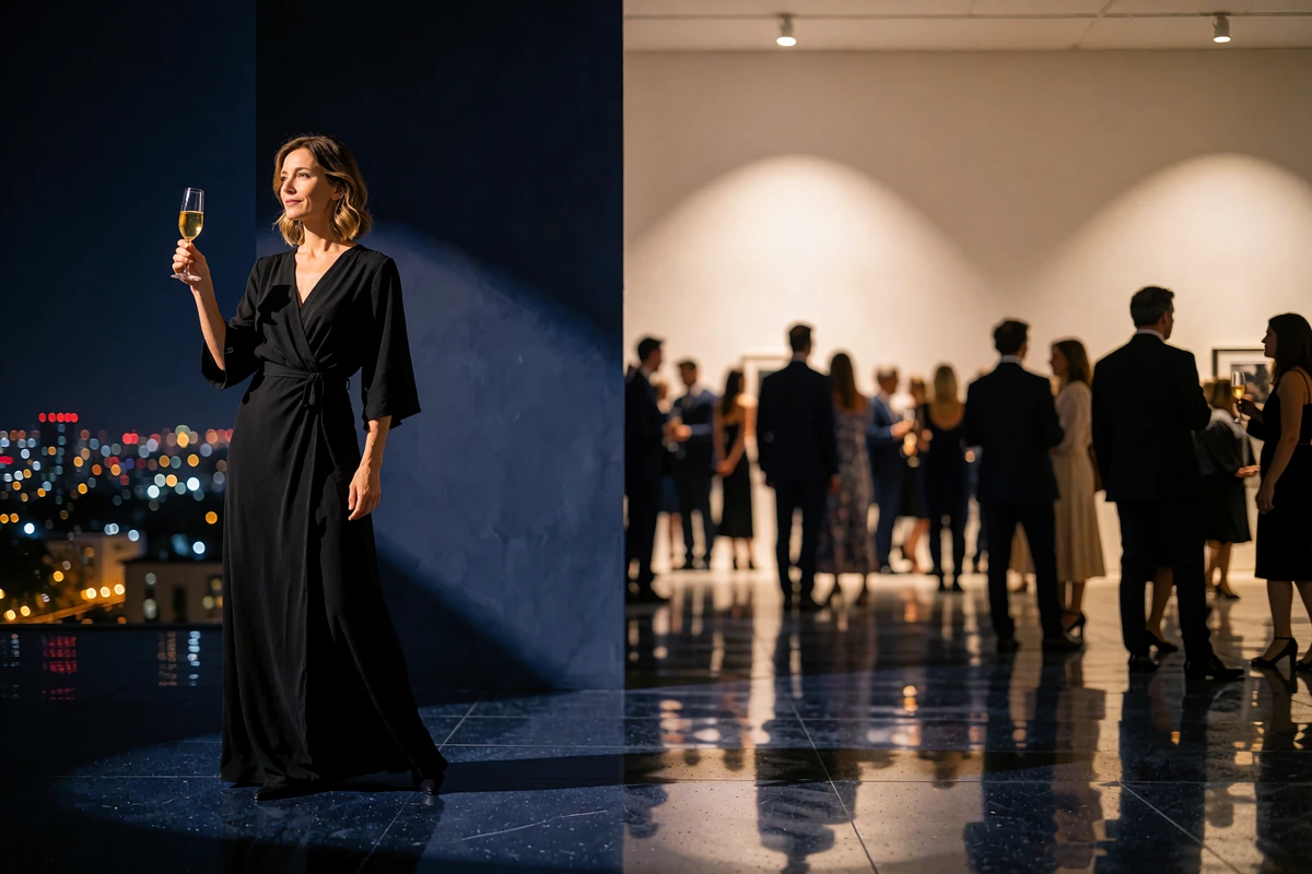 Poised woman holding a champagne flute at a quiet evening gallery reception in Houston