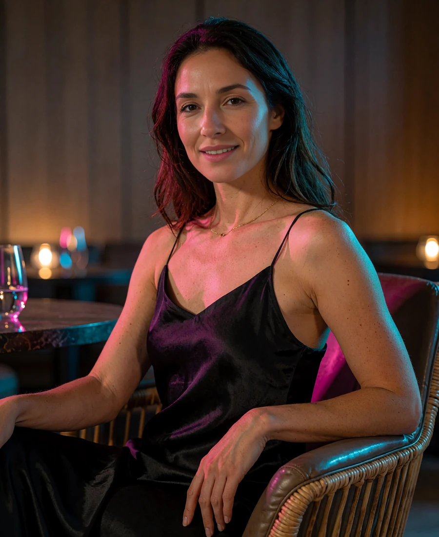 Woman with long dark hair in a black silk slip dress seated in an upscale Phoenix hotel bar lounge