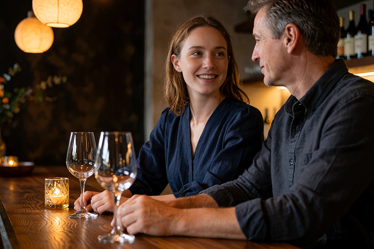 Couple seated side by side at a chef's counter in an intimate Portland restaurant, sharing conversation over candlelight