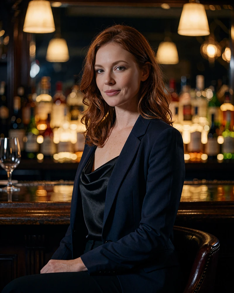 Auburn-haired woman in a black silk camisole seated at a dim steakhouse bar in Indianapolis