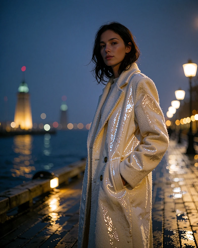 Dark-haired woman in a long ivory coat standing on a Boston waterfront boardwalk at dusk