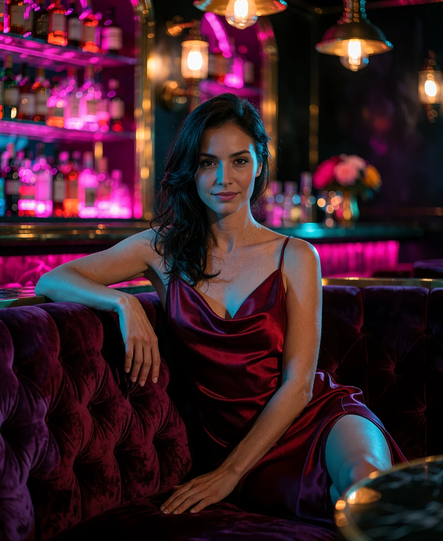 Woman in a wine-red satin dress seated on a velvet banquette in a dimly lit Denver cocktail lounge