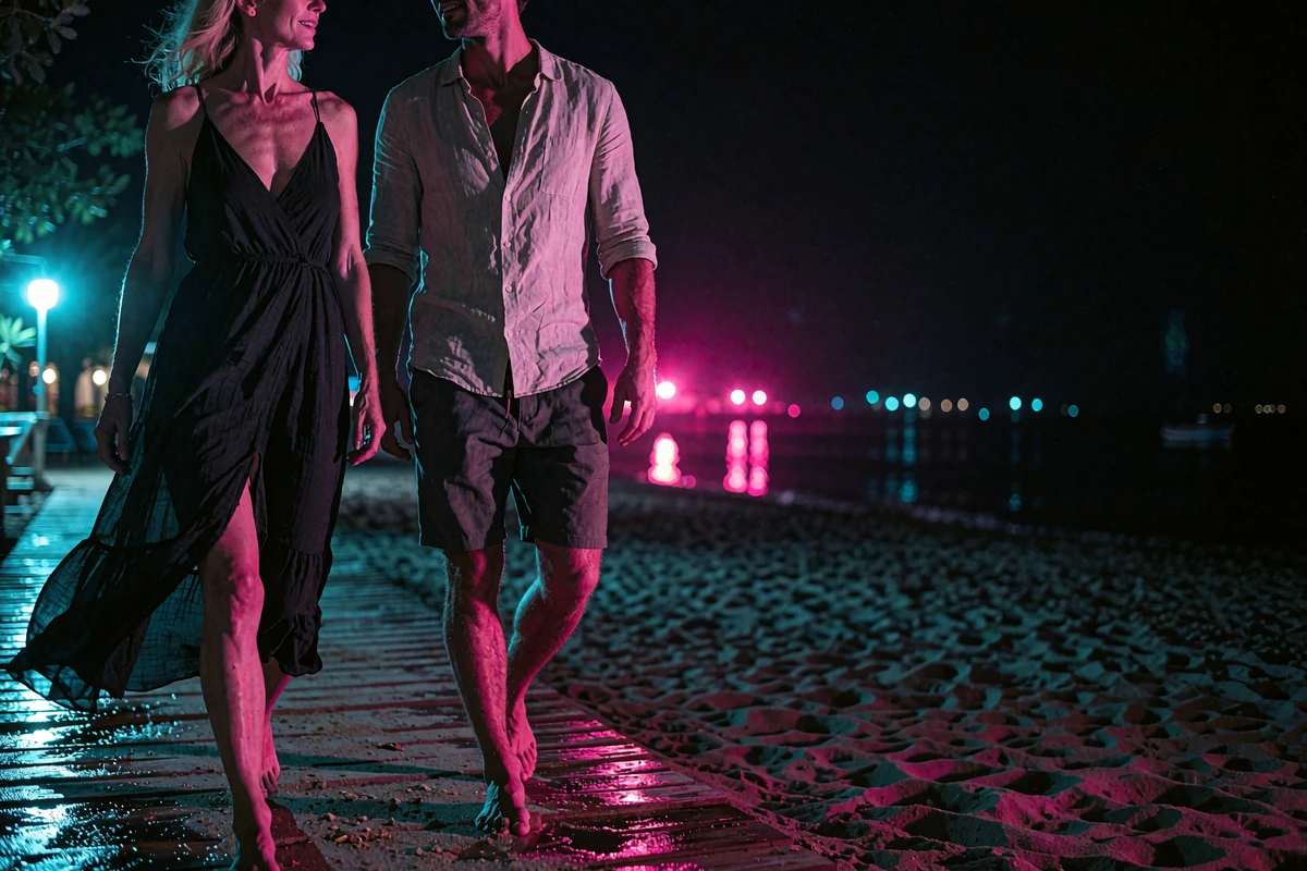 Mature woman and younger man walking together along a beach club boardwalk at night with neon light on the water