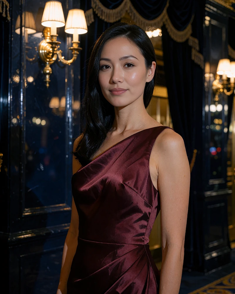 Woman with sleek black hair in a burgundy satin gown standing in a dimly lit Nashville theatre lobby