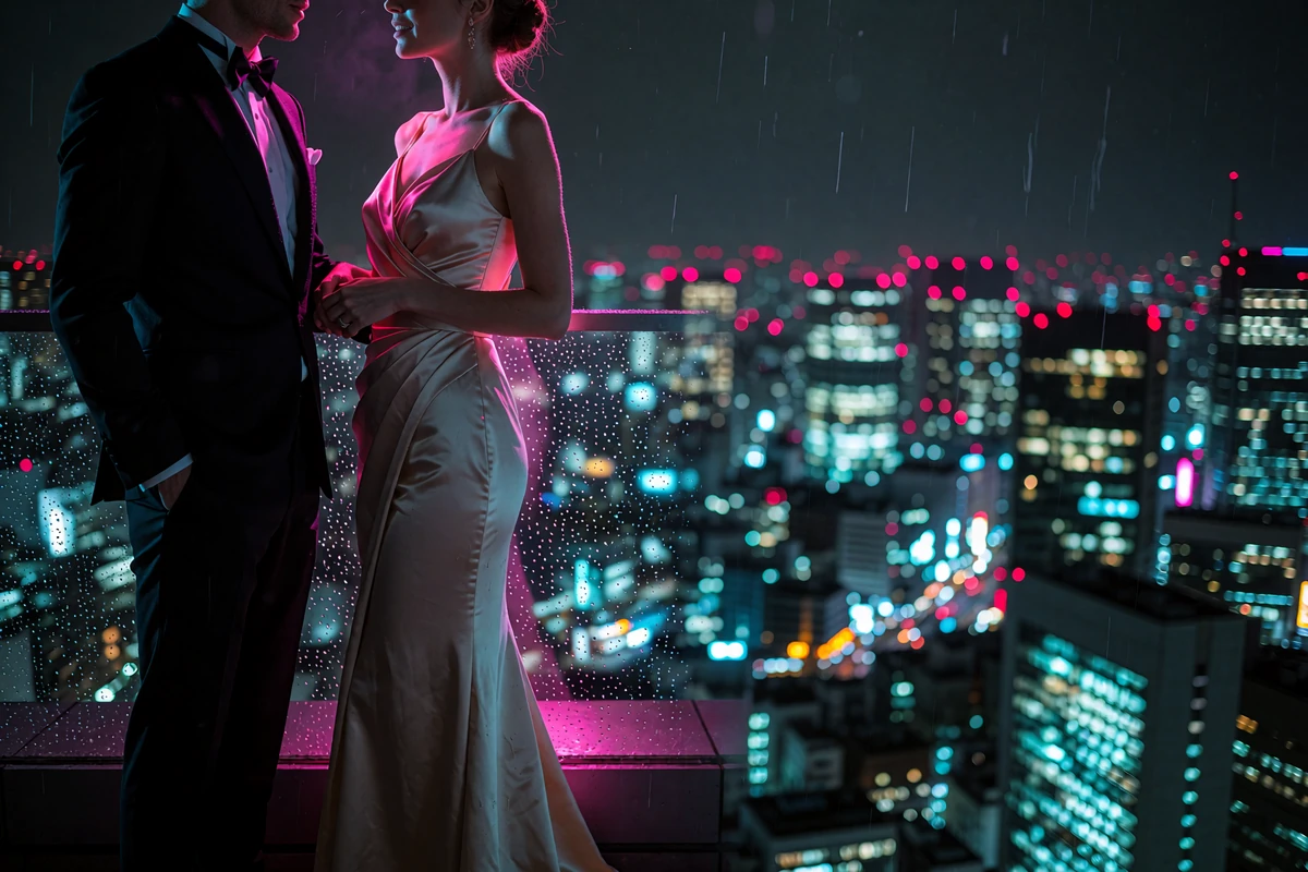 Well-dressed couple in evening wear talking on a rooftop terrace above a rain-blurred neon skyline at night