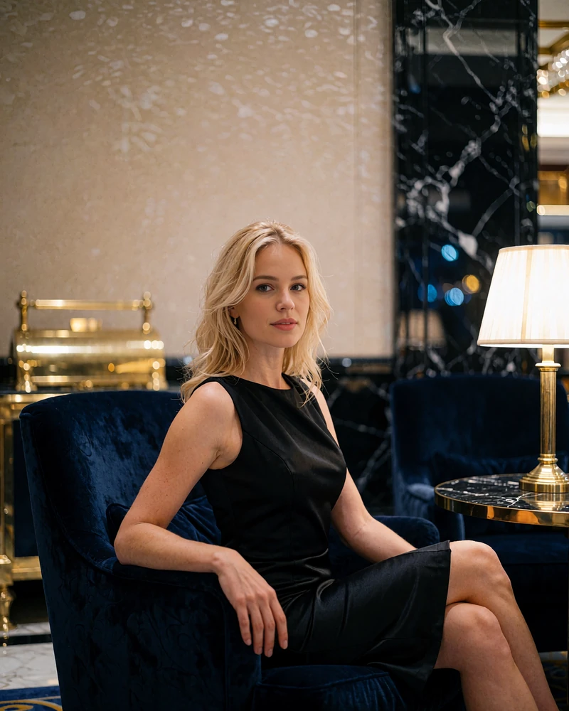 Blonde woman in a black cocktail dress seated in a velvet armchair inside a Dallas luxury hotel lounge