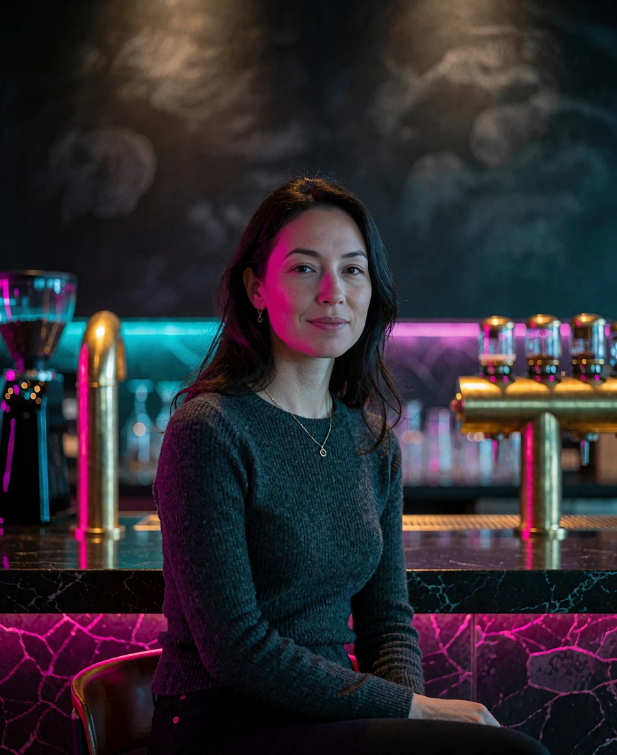 Woman with long dark hair in a charcoal knit sweater seated at an upscale coffee bar counter in Seattle