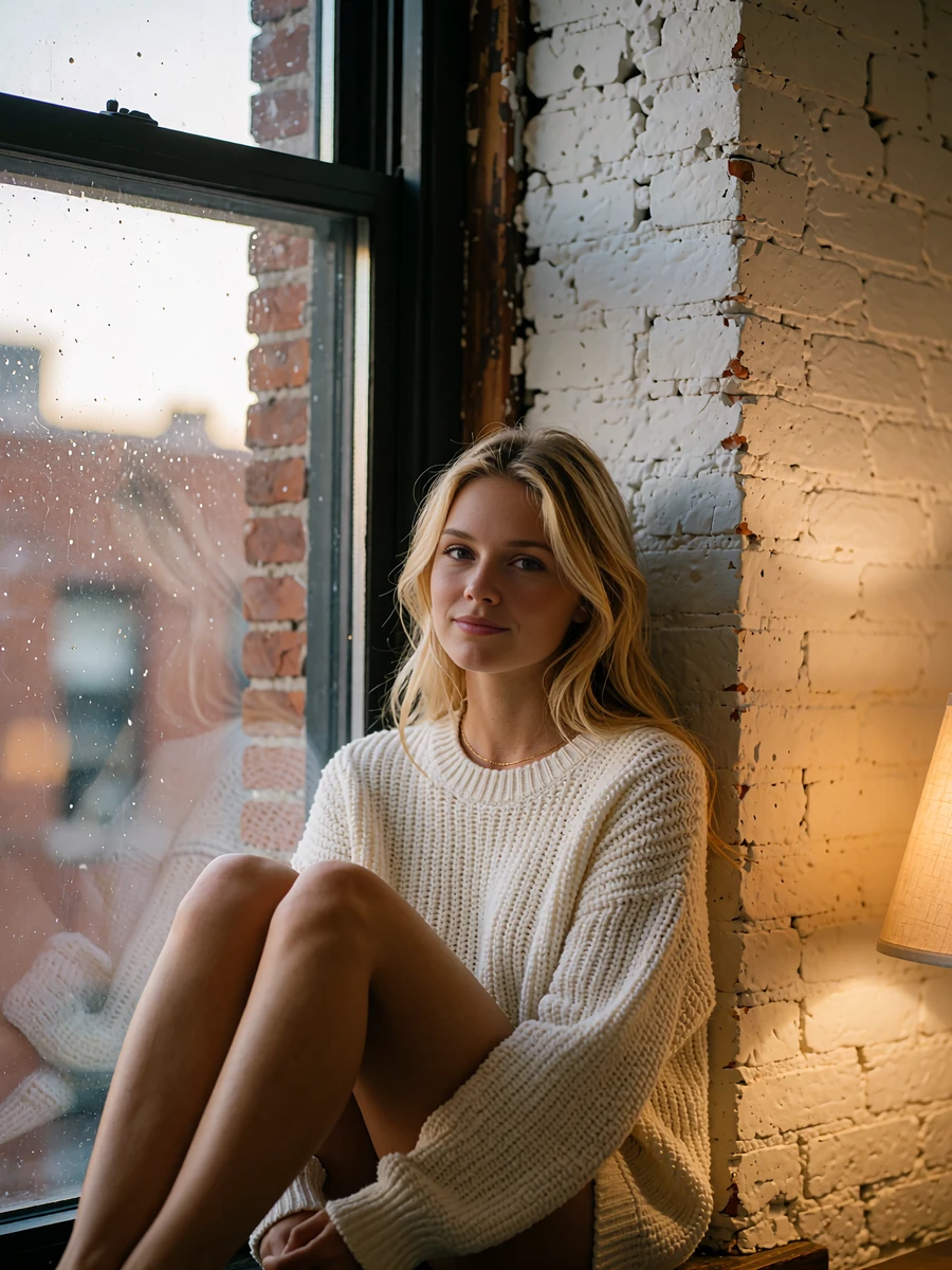Blonde woman in a cream sweater sitting on a warehouse window sill in a LoDo loft in Denver