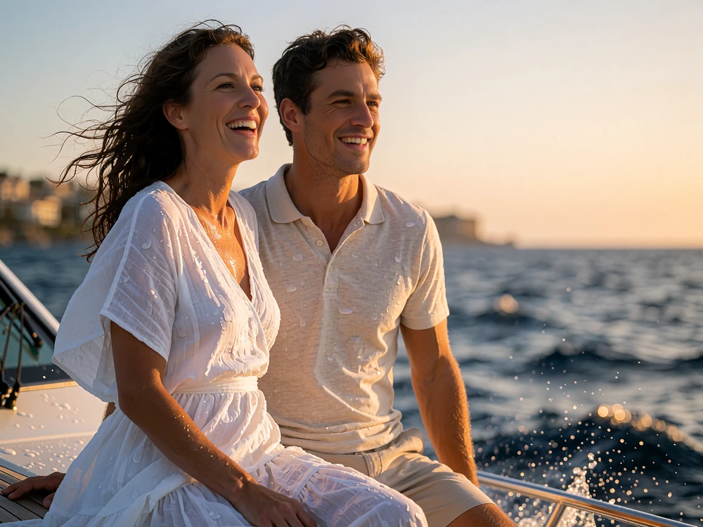 Couple on the deck of a motor yacht at sunset off the Miami coastline, the woman laughing beside a younger man in a light polo shirt