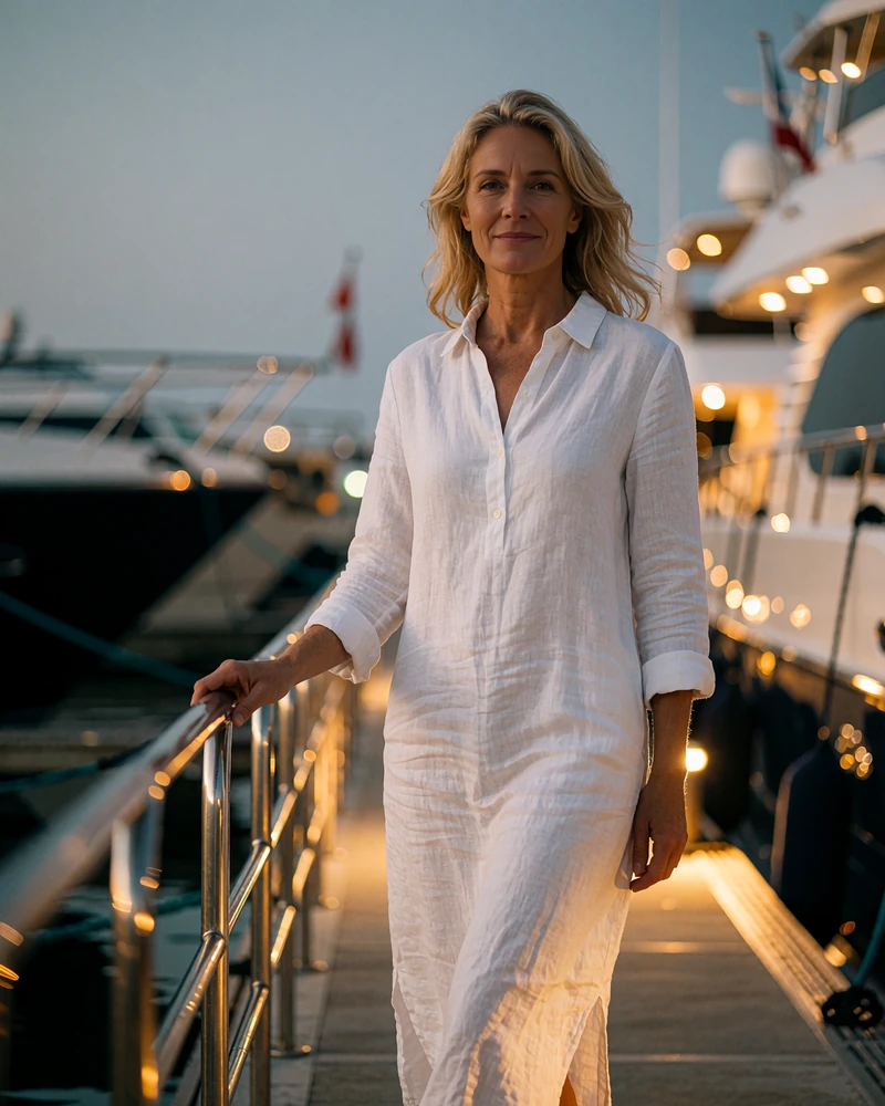Blonde woman in a white linen shirt-dress standing on a Miami marina walkway at twilight beside moored yachts