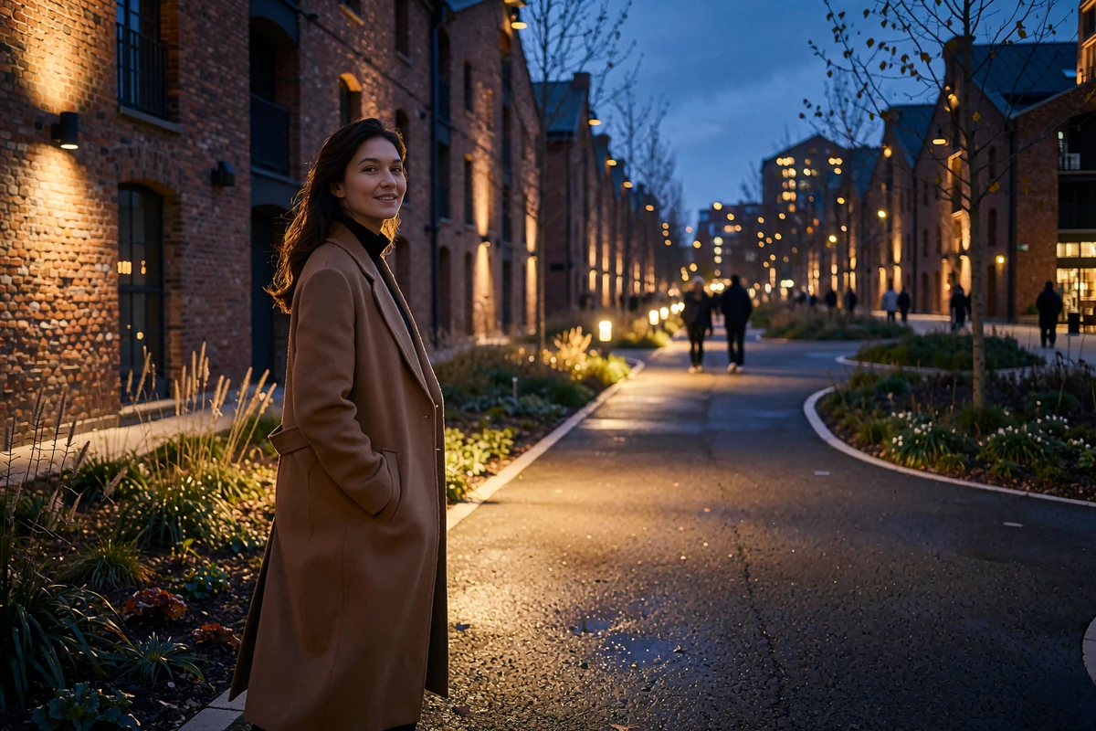 Elegant woman in a camel coat walking along the Atlanta Beltline at dusk near converted brick warehouses