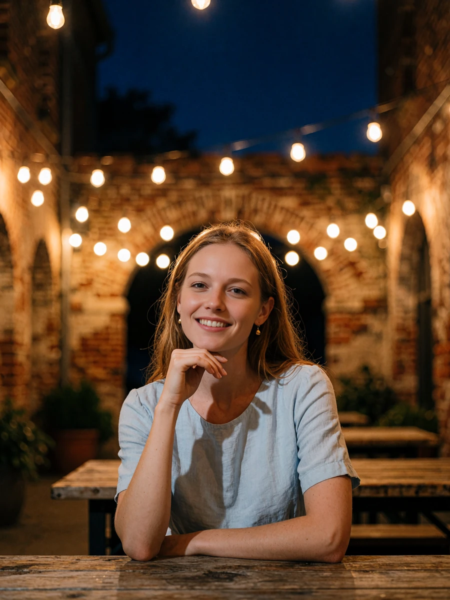 Young woman with light-brown hair smiling at an outdoor table in a restored brewery courtyard in the Pearl District at dusk