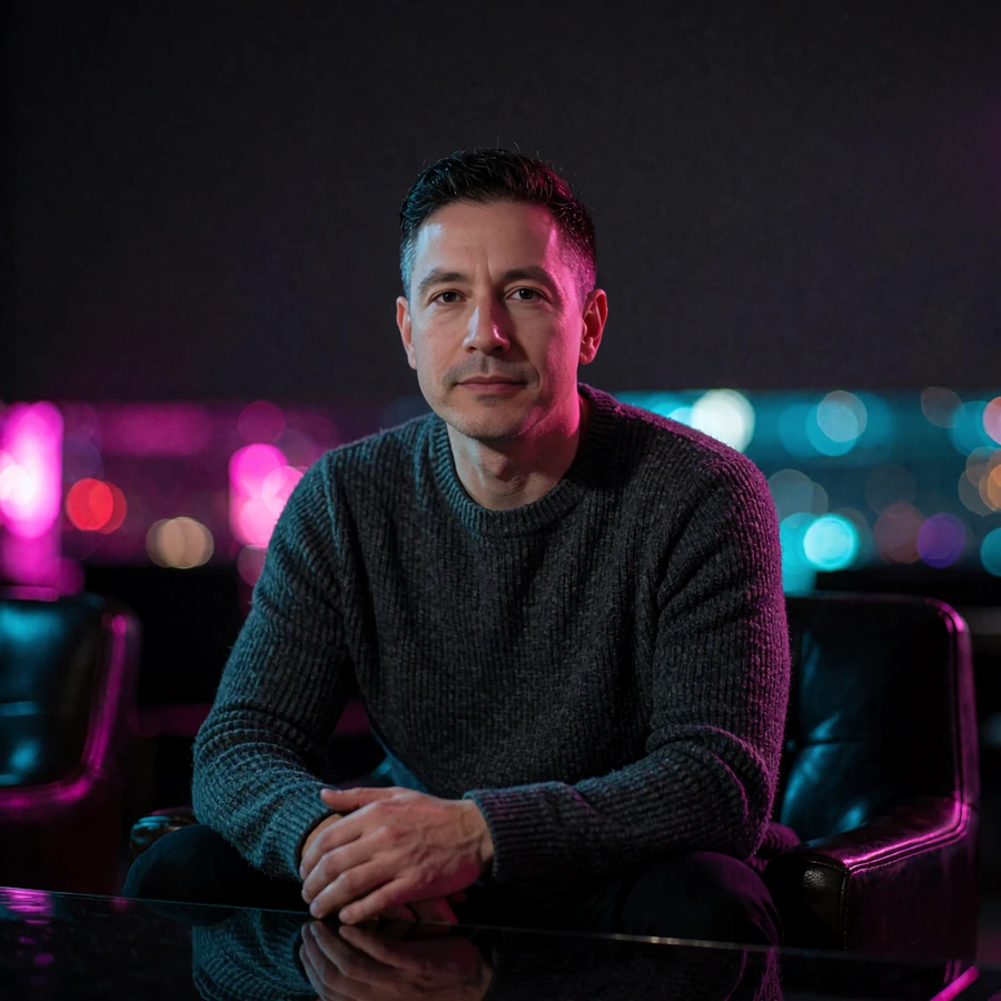 Man in a charcoal knit sweater seated in a low leather chair inside a dark hotel lounge lit by magenta and cyan light
