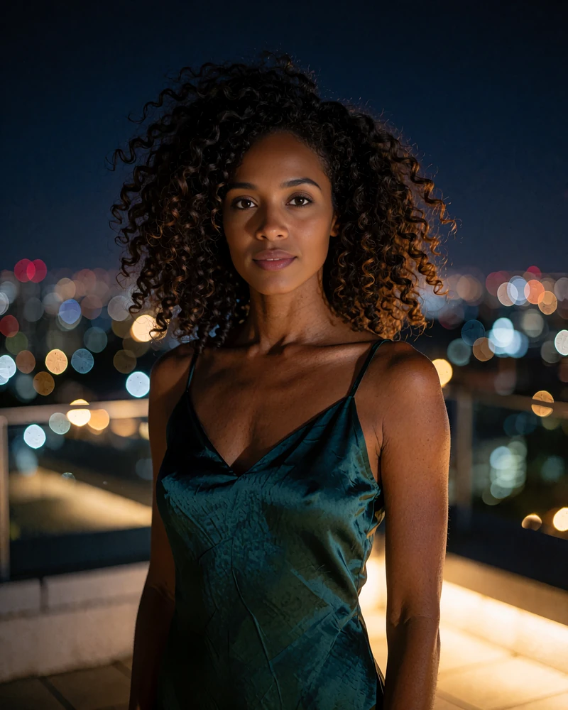 Woman with voluminous curls in an emerald satin dress on a Houston rooftop terrace at night