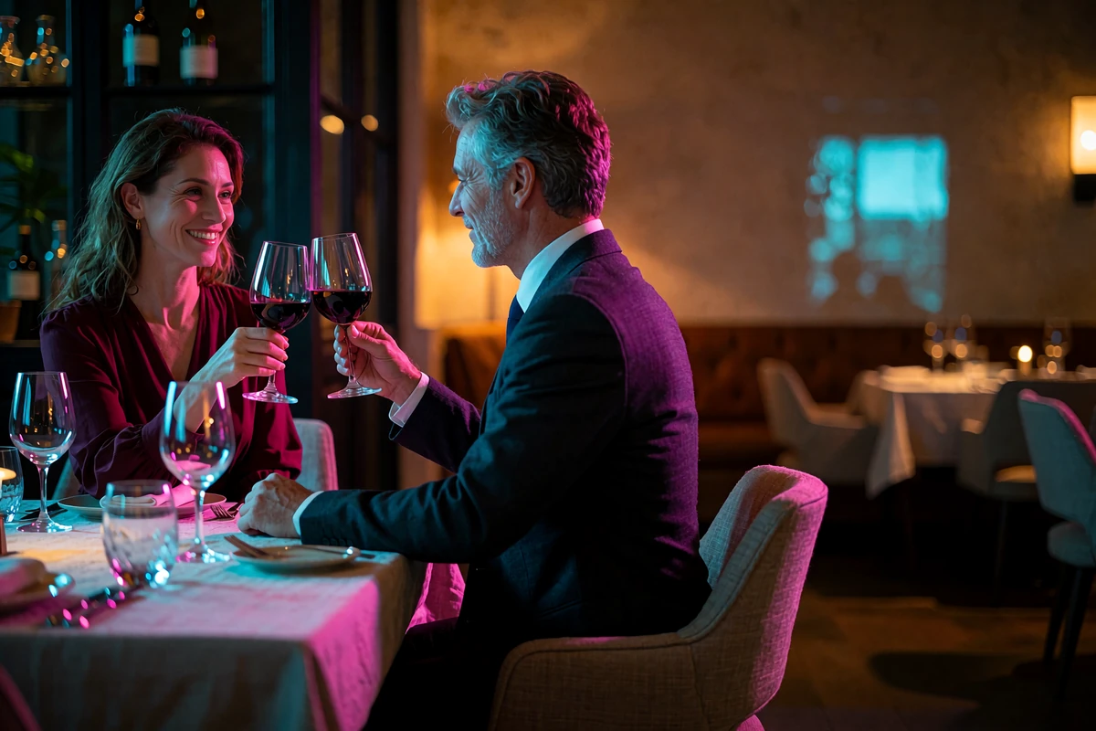 Couple raising wine glasses at a linen-set table in an upscale Houston restaurant