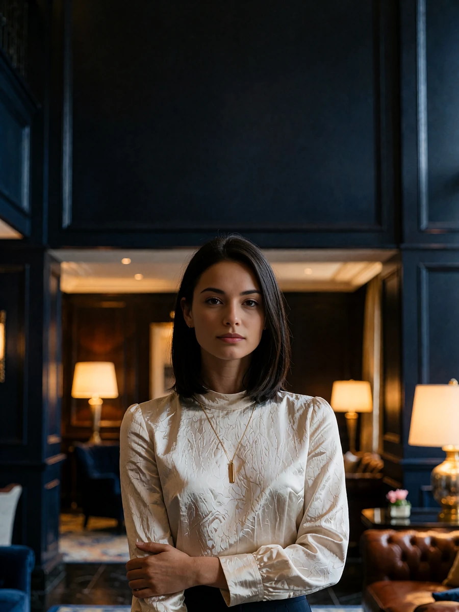 Young woman with straight dark hair in an ivory blouse standing in a hotel lobby lounge in Atlanta