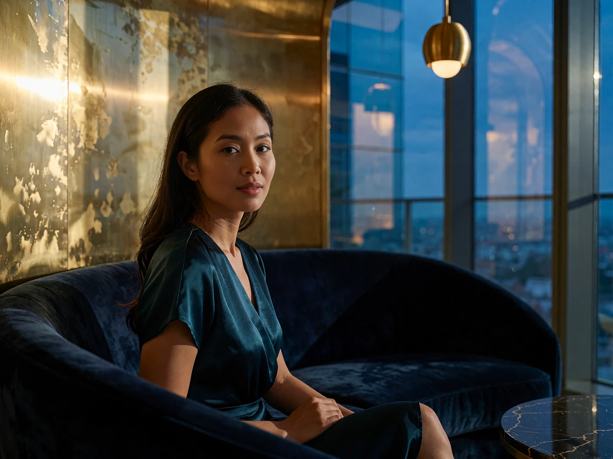 Graceful woman in a teal silk cocktail dress seated in a high-rise hotel lounge with city glass reflections