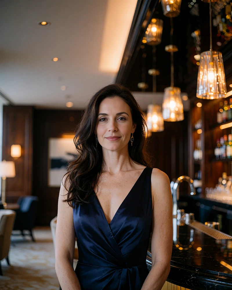Woman with long dark brown hair in a deep navy evening gown smiling in an upscale Dallas hotel bar
