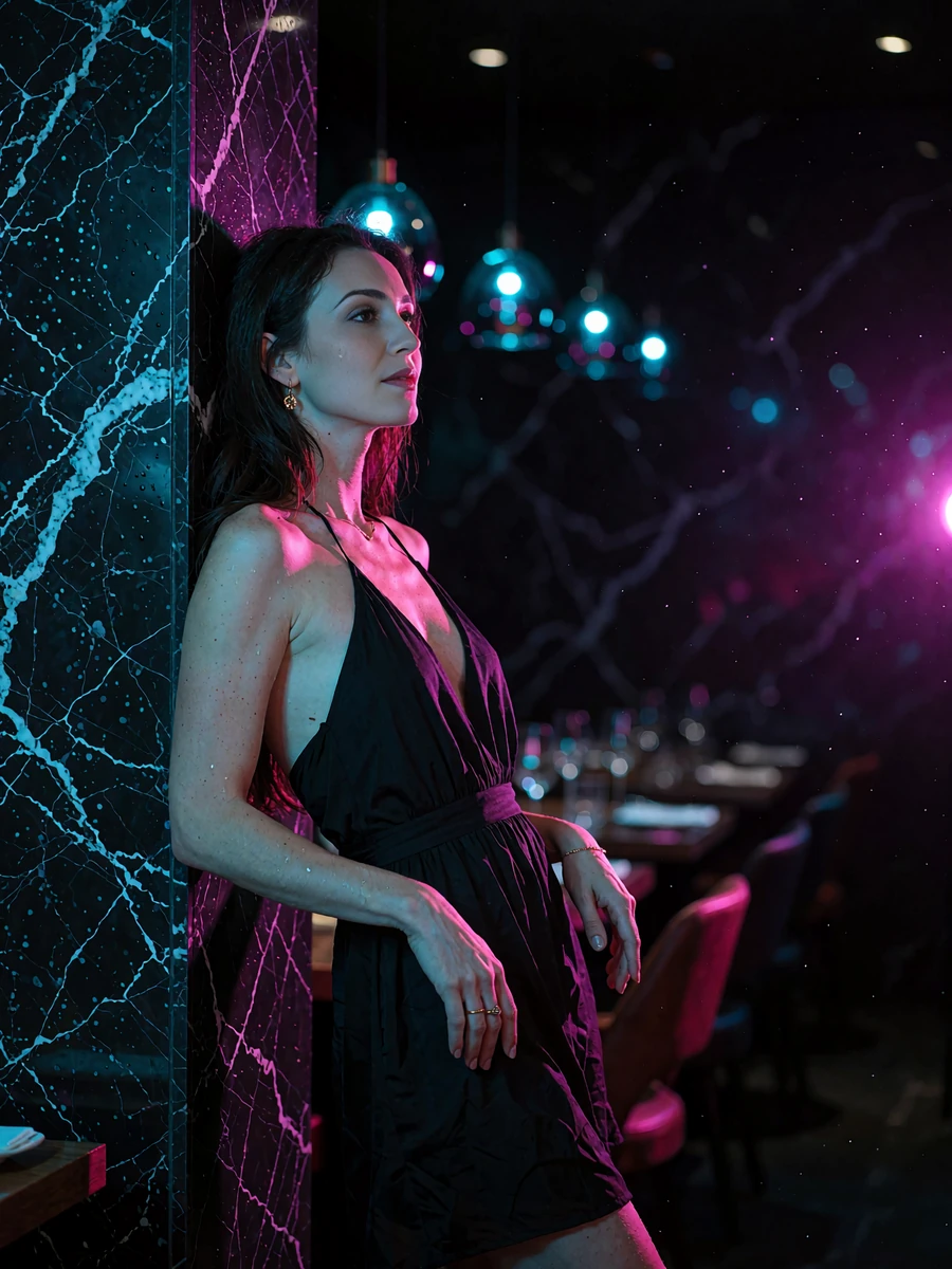 Woman with long dark hair in a black halter dress leaning against a marble column in a dimly lit upscale restaurant