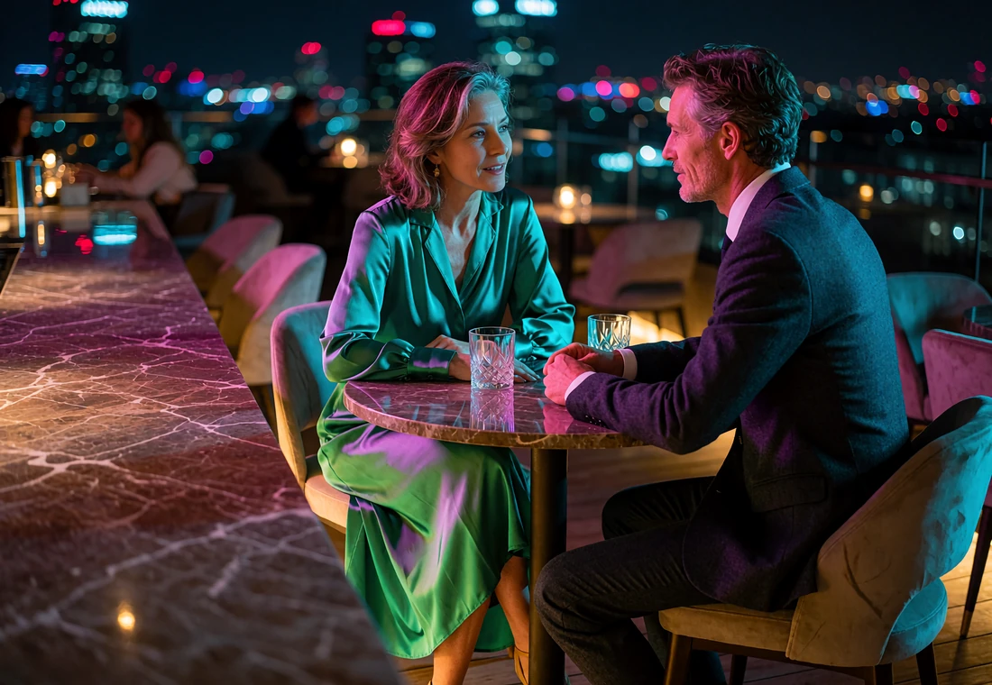 Woman in an emerald dress and man in a dark suit talking closely at a rooftop lounge table at night