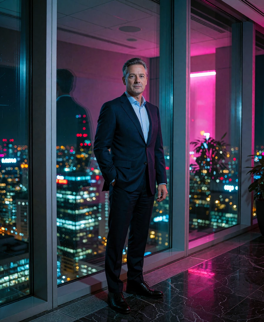 Man in a navy suit standing beside a floor-to-ceiling window in a high-rise Chicago office at night