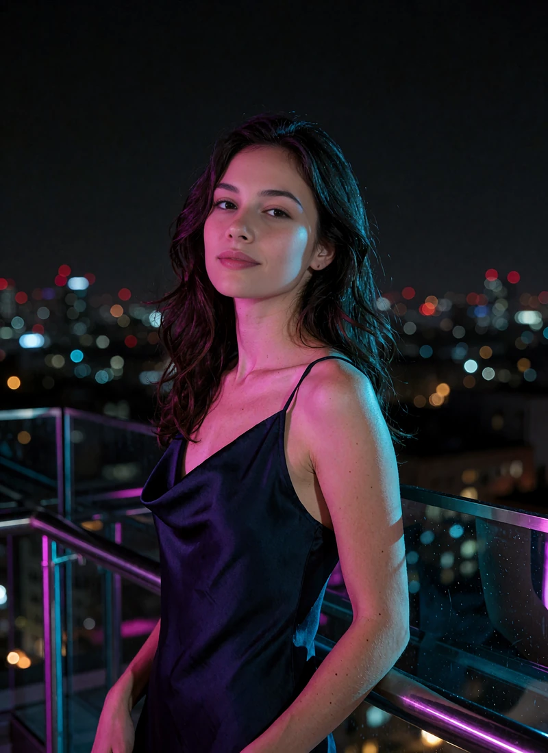 Young woman with long dark hair in a navy silk dress at a neon-lit rooftop bar railing at night
