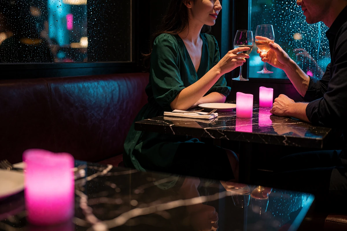 Couple raising a glass across a dark marble table in an upscale restaurant lit by warm and cyan light