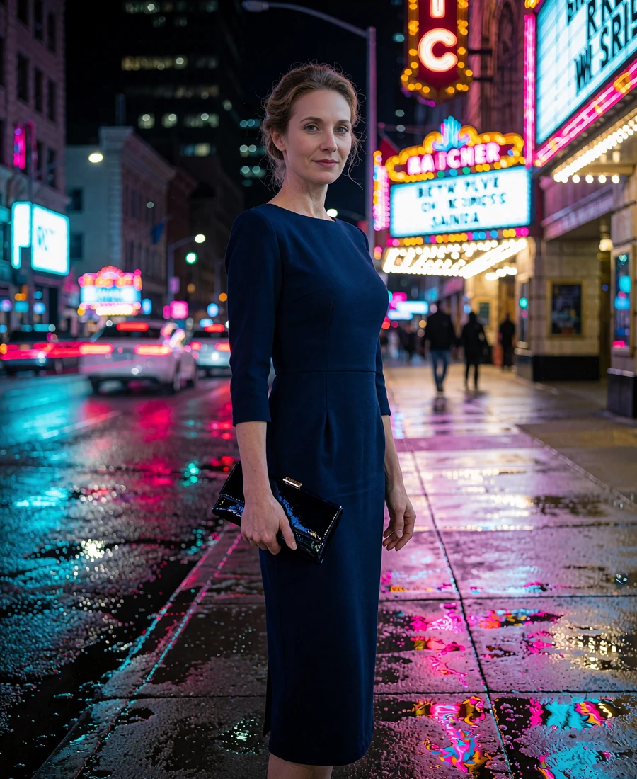 Woman in an elegant updo and midnight-blue dress standing on a city sidewalk in the theater district at night