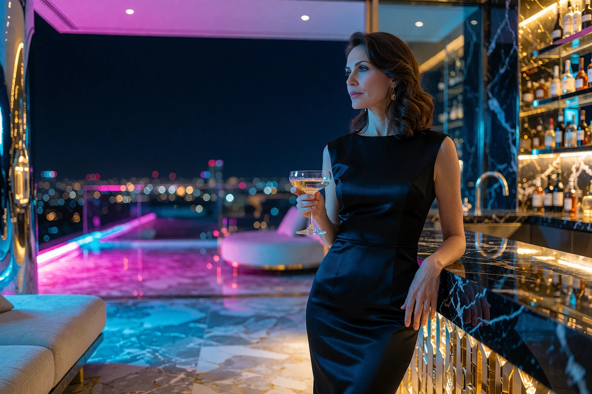 Elegant woman in a black cocktail dress at a rooftop bar in Miami at night with neon city lights behind her
