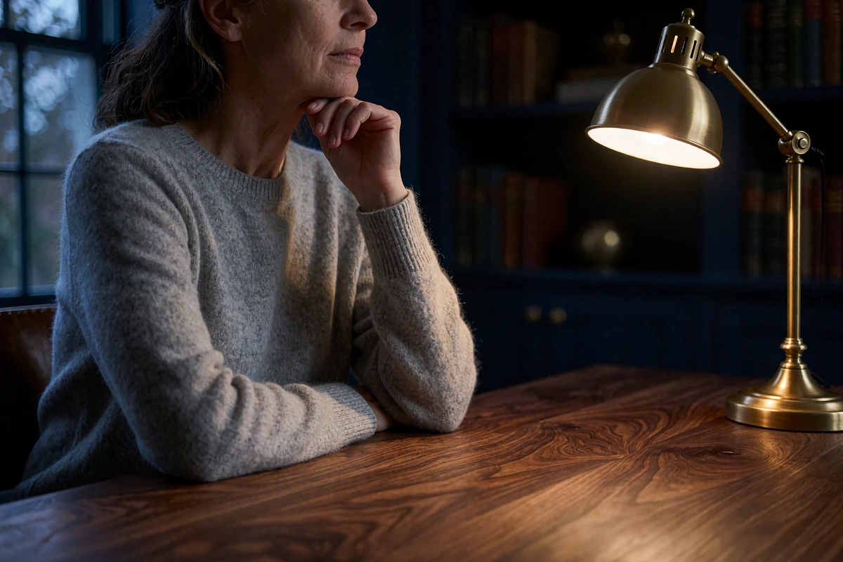 Woman in a grey cashmere sweater at a walnut desk in a dim home study, illustrating careful VPN dating privacy habits