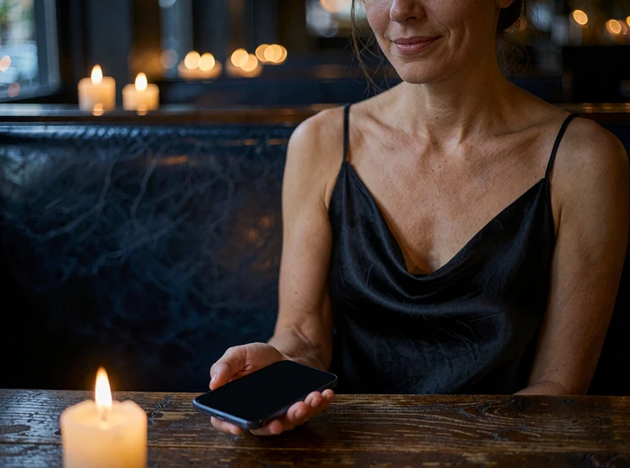 Woman in a black silk slip dress in a candlelit restaurant booth holding a phone face-down in her palm
