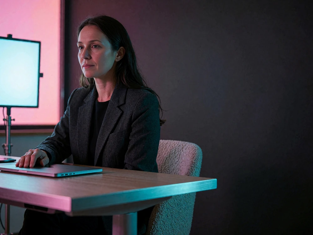 Focused woman in a dark blazer reviewing her profile at a slim desk in a dim contemporary office