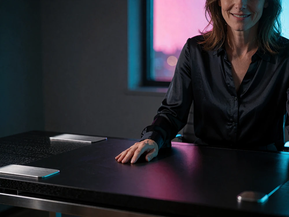 Woman in a dark silk blouse leaning forward attentively at a minimal desk in a quiet office at night