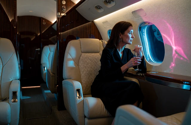 Woman seated by the window of a private jet cabin at night holding a glass