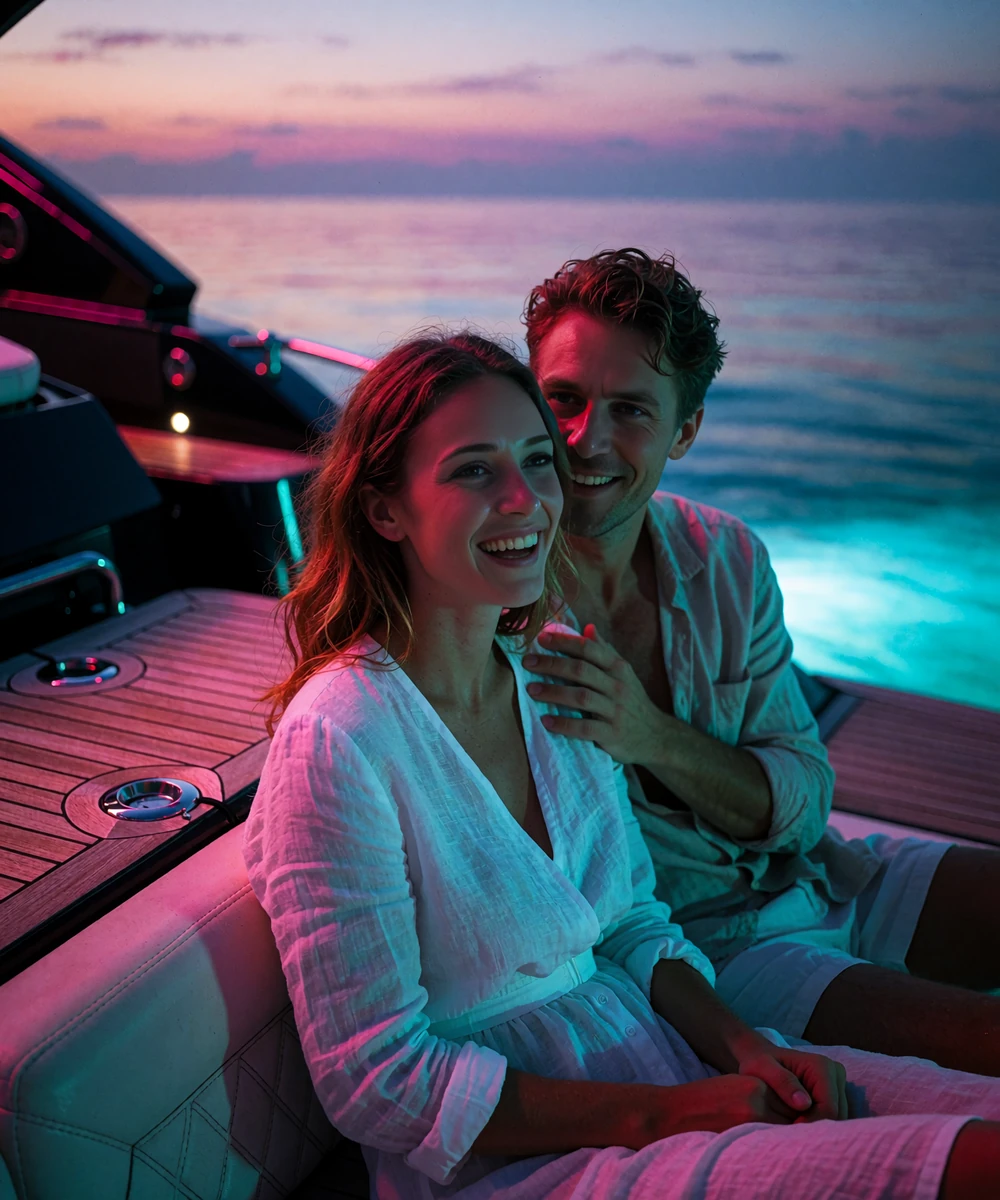 Couple relaxing on the rear deck of a private yacht at dusk, the woman in a white linen dress laughing softly