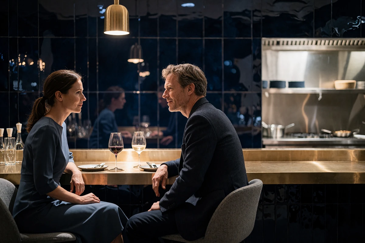 Woman in a slate-blue dress and man in a dark blazer seated at a chef's counter restaurant table in Columbus sharing wine and conversation