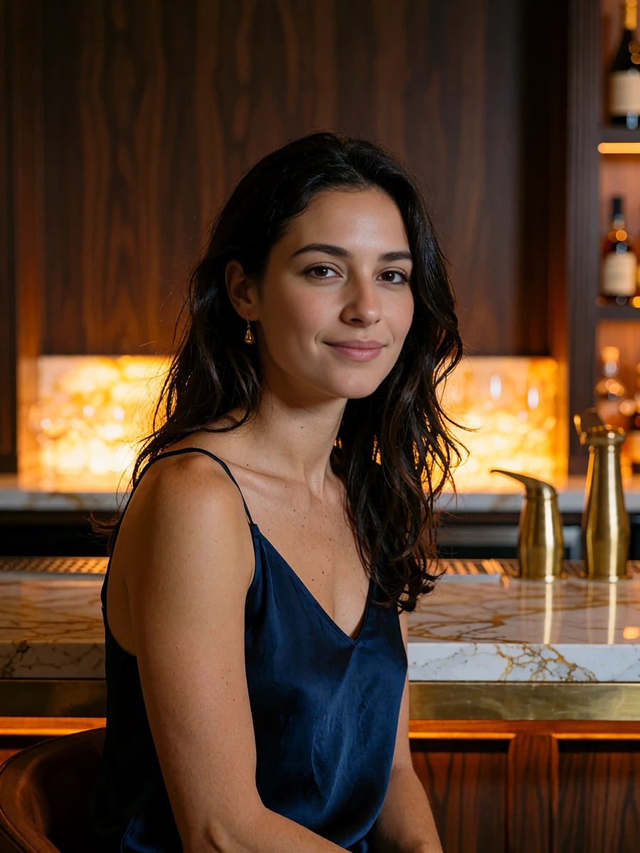 Young woman with long dark wavy hair seated at a marble bar counter in an upscale Atlanta cocktail lounge