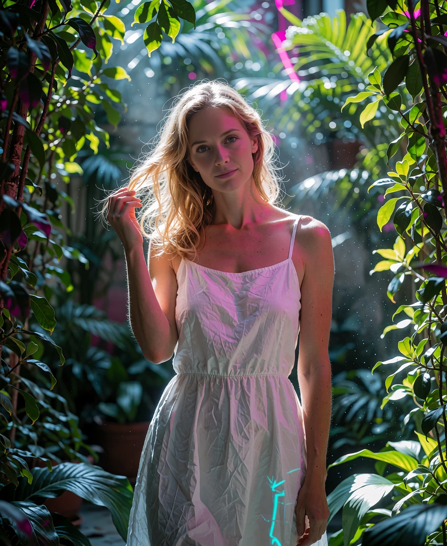 Woman in a white sundress standing in a lush hotel garden courtyard in Orlando