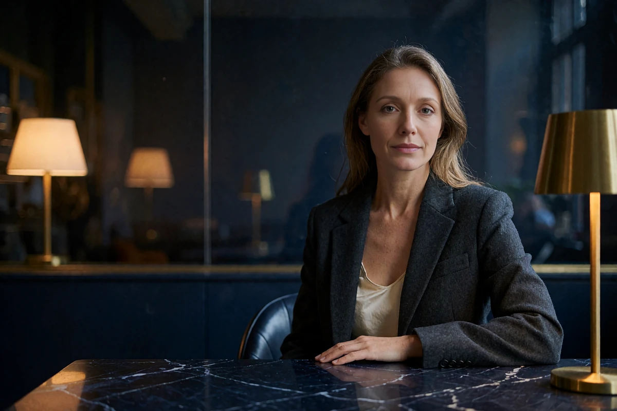 Poised woman in a charcoal blazer seated at a dark marble table in a quiet members' lounge, looking calmly at the camera