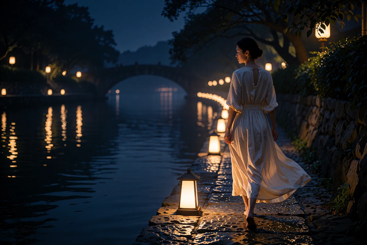 Elegant woman in a flowing pale dress walking a lantern-lit stone path beside the San Antonio River at night