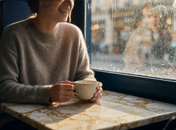 Woman in a taupe cashmere sweater laughing over coffee at a marble café table in early morning light