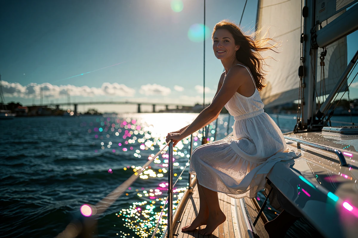 Woman in a white sundress sitting on the deck rail of a sailing yacht in San Diego harbor, smiling toward the camera