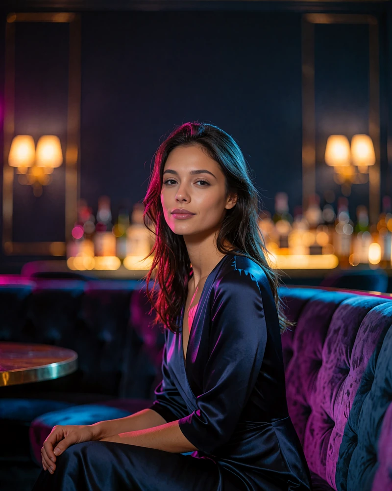 Young woman with long dark hair in a navy evening dress seated on a velvet banquette in an upscale Las Vegas hotel lounge