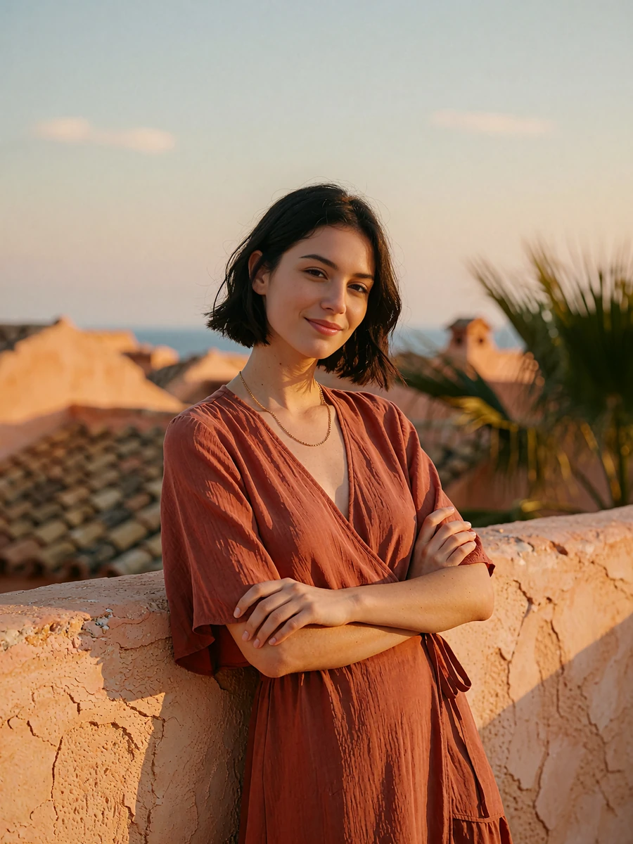 Woman with a short dark bob leaning on a stucco terrace wall at golden hour with rooftops in the background