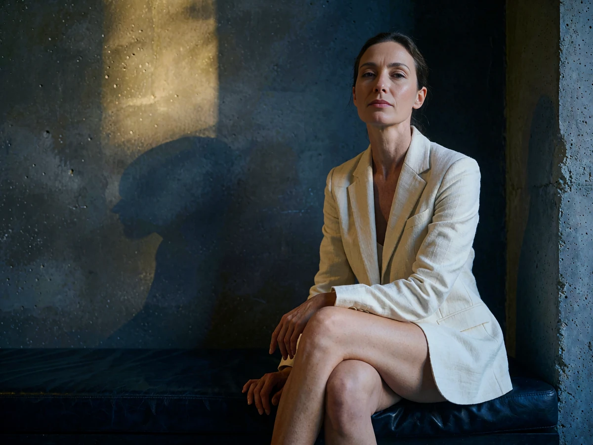 Poised woman in an ivory blazer seated confidently on a leather bench in a minimalist hotel lounge