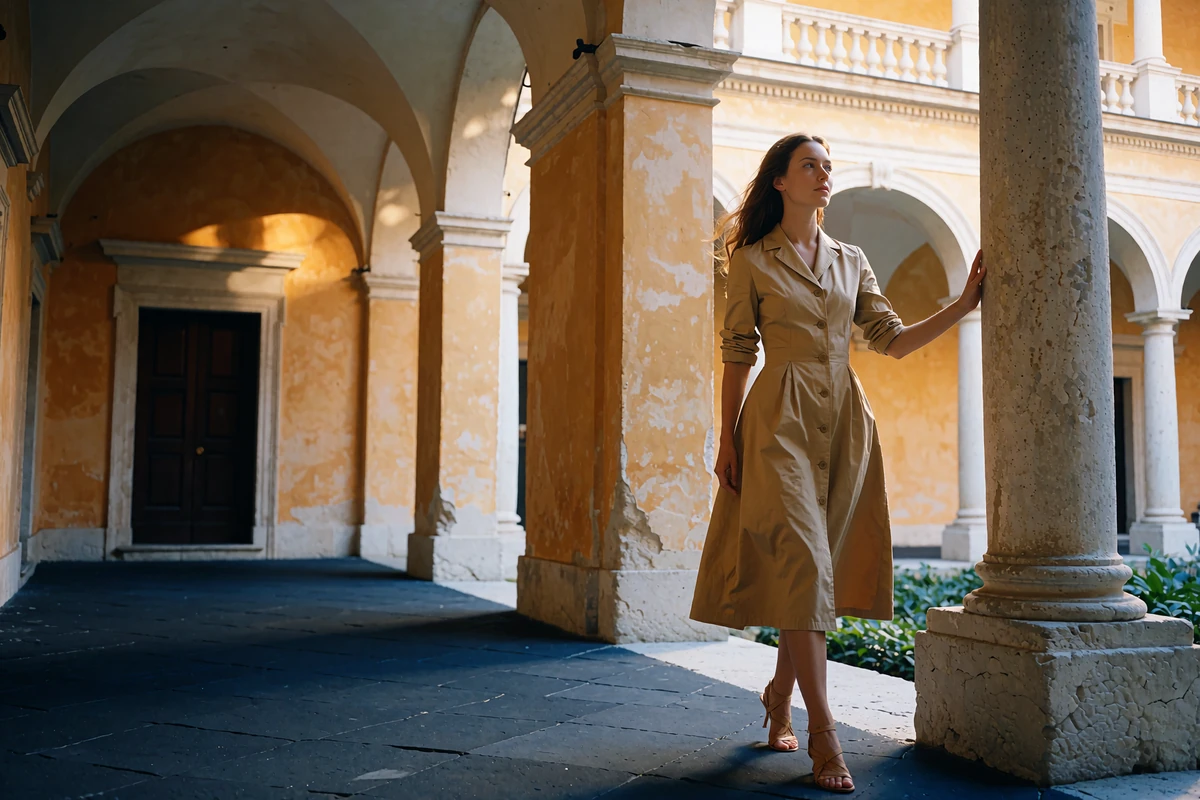 Elegant woman in a tailored sand-coloured dress walking through a sunlit museum courtyard with white plastered arches
