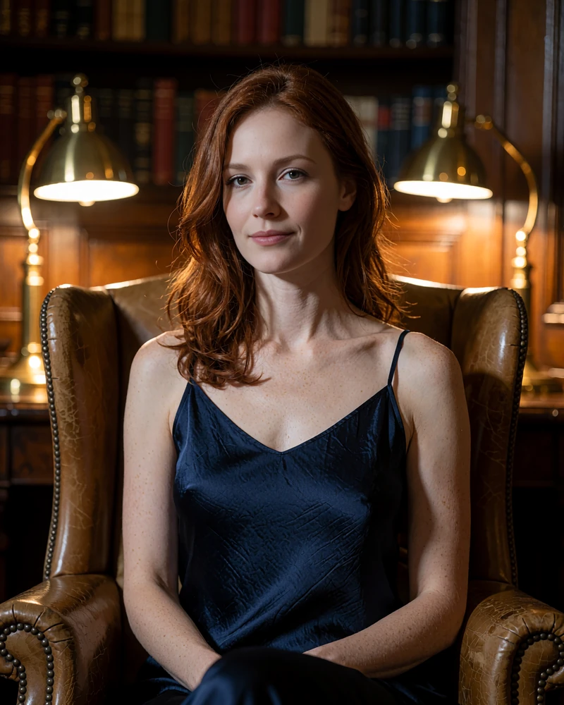 Auburn-haired woman in a navy silk slip dress seated in a leather club chair inside a wood-panelled Boston hotel library lounge