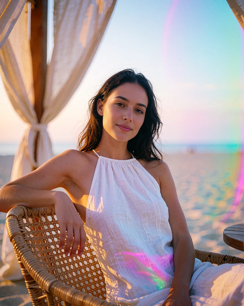Young woman with long dark hair in a white halter dress seated at a beach club in Miami at golden hour