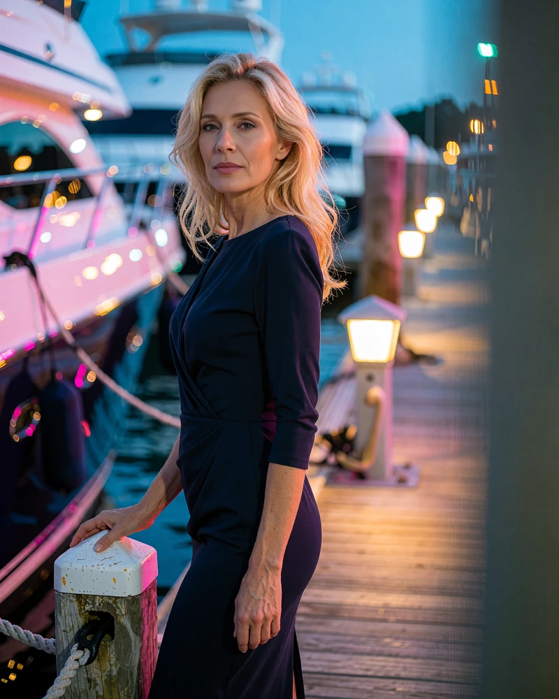 Blonde woman in a fitted navy dress standing on a Miami marina dock in the evening