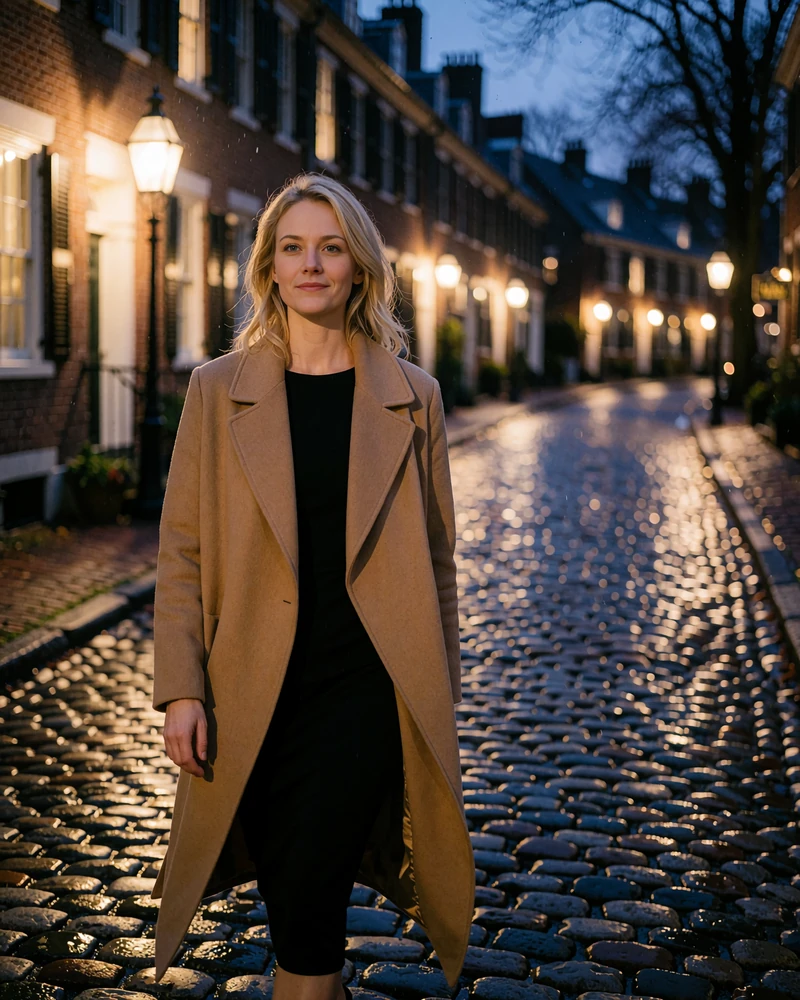 Blonde woman in a camel wrap coat walking a cobblestone lane in the German Village neighborhood of Columbus at dusk